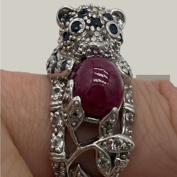 RARE Vintage Sterling Silver and Ruby Ball Panther Cub Ring - Picture 4 of 6